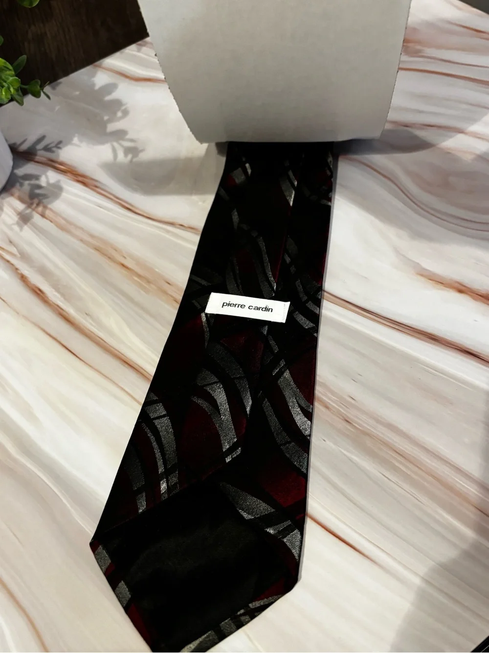 Pierre Cardin Maroon Tie with Silver and Black Wave Pattern